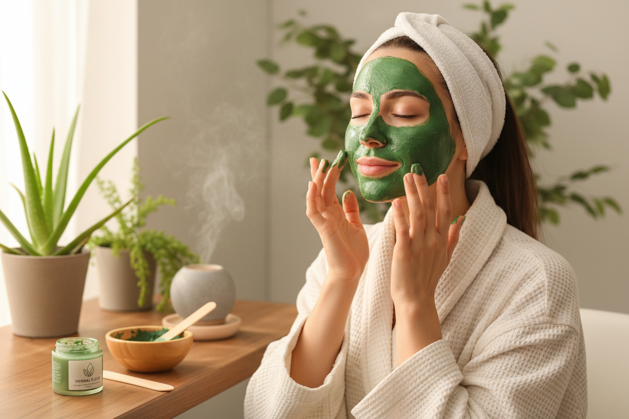 a woman with robe applying a green face mask on her face depicting the anti acne face mask